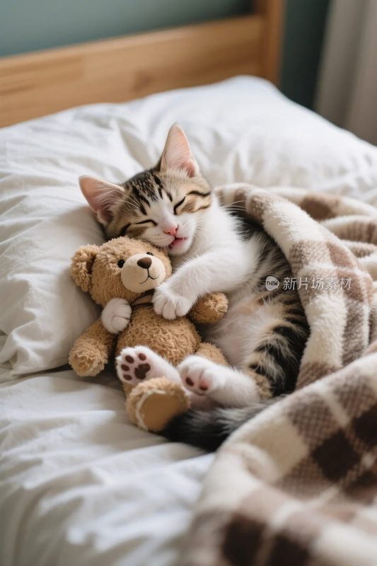 小猫抱玩具睡觉