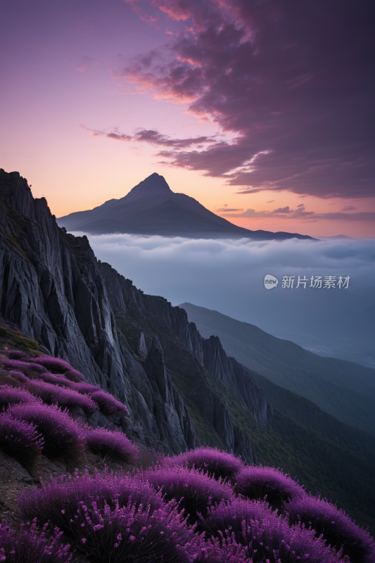 一座天空紫色的高山清风景摄影图片