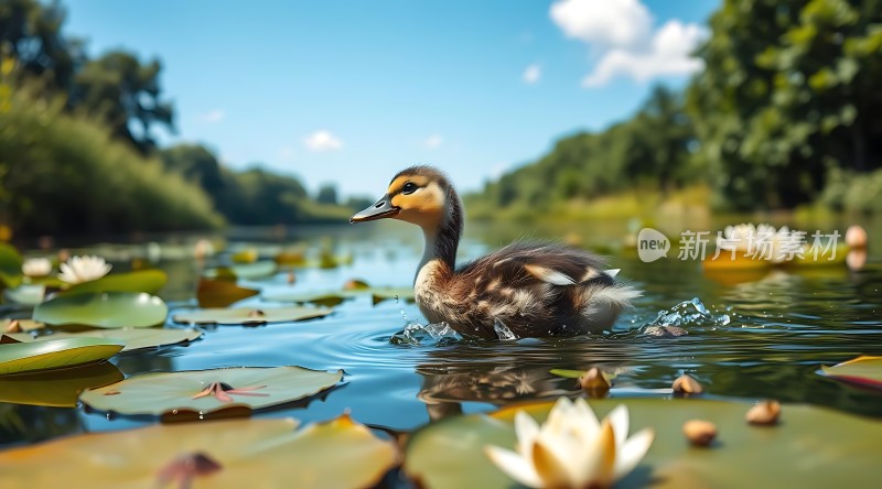 湖畔小鸭戏水莲叶间