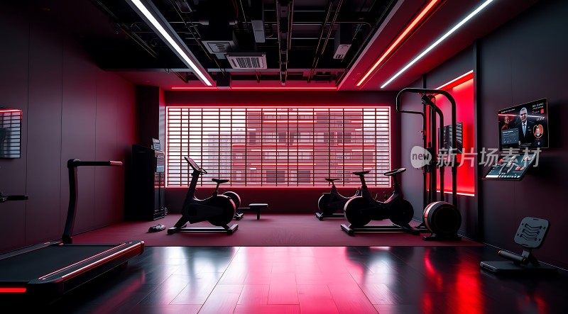 现代健身房红色灯光下的健身器材