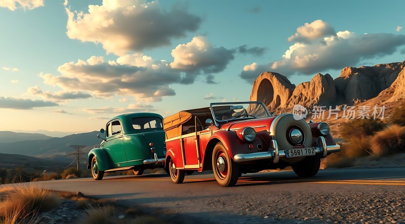 复古红绿小轿车拖车公路旅行