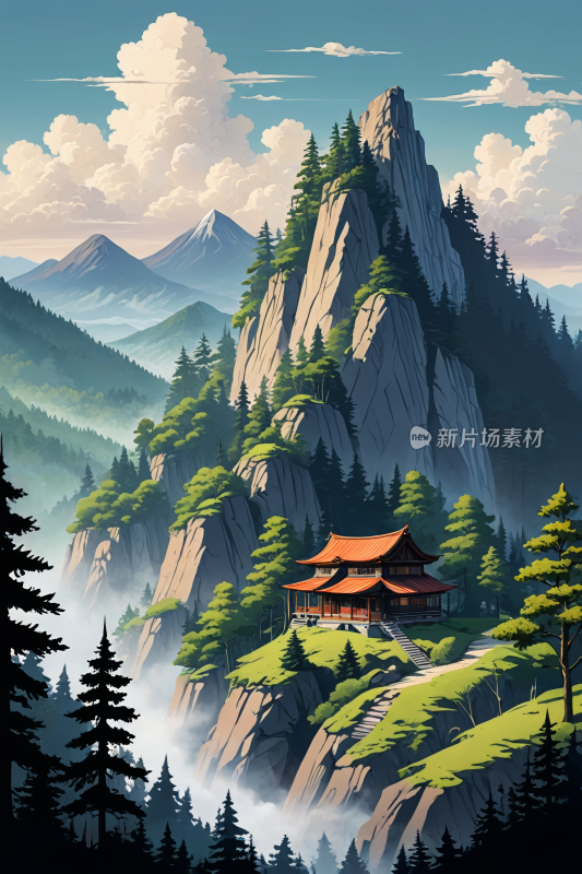 有山山顶有塔高清风景插图片