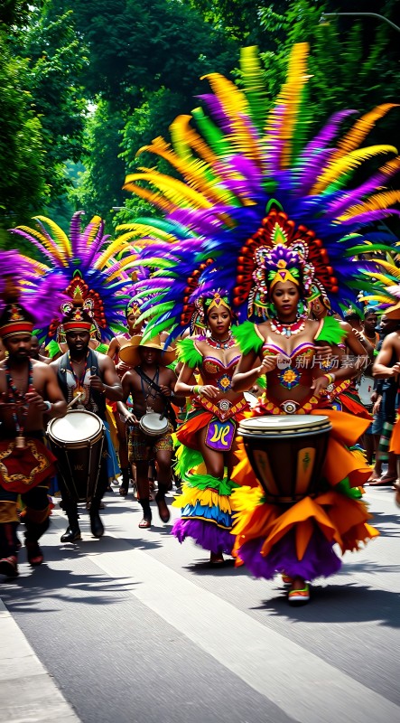狂欢节上的彩色舞者与鼓手