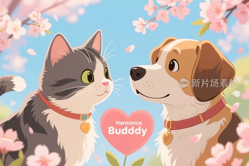 宠物樱花友好插画