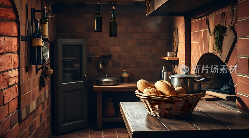 温馨厨房砖墙酒瓶面包锅具一应俱全