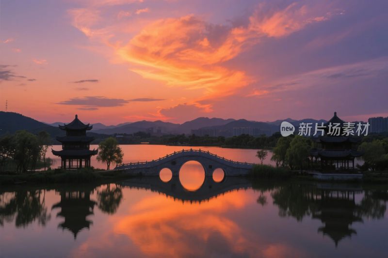 古桥山水夕阳美景