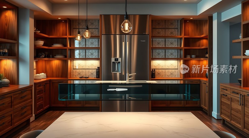 现代厨房设计木质橱柜与不锈钢冰箱相得益彰