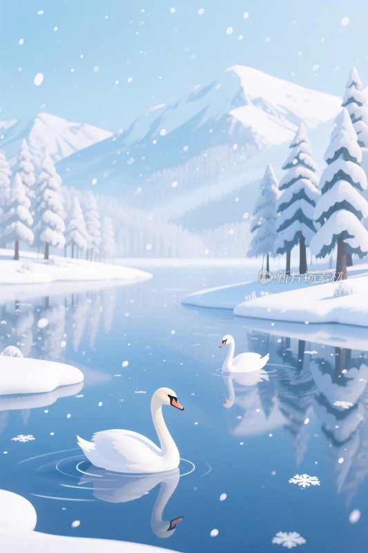冬季雪景天鹅插画