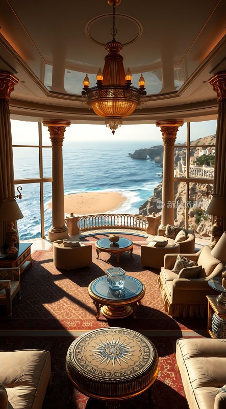 海景豪宅豪华客厅落地窗舒适沙发精美吊灯阳光明媚