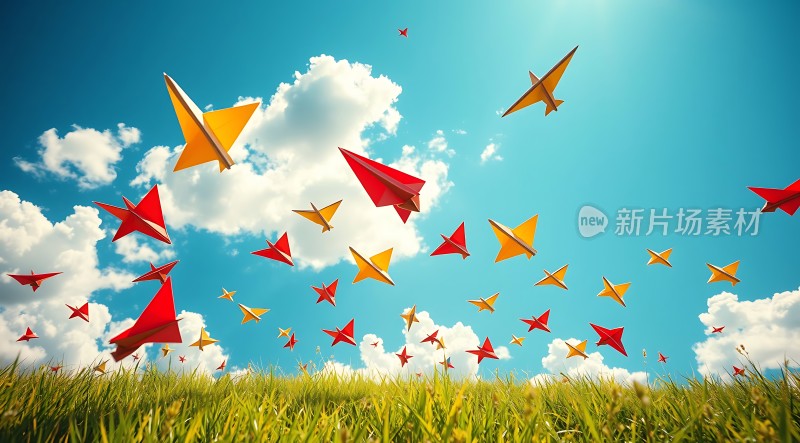 蓝天白云下的彩色纸飞机