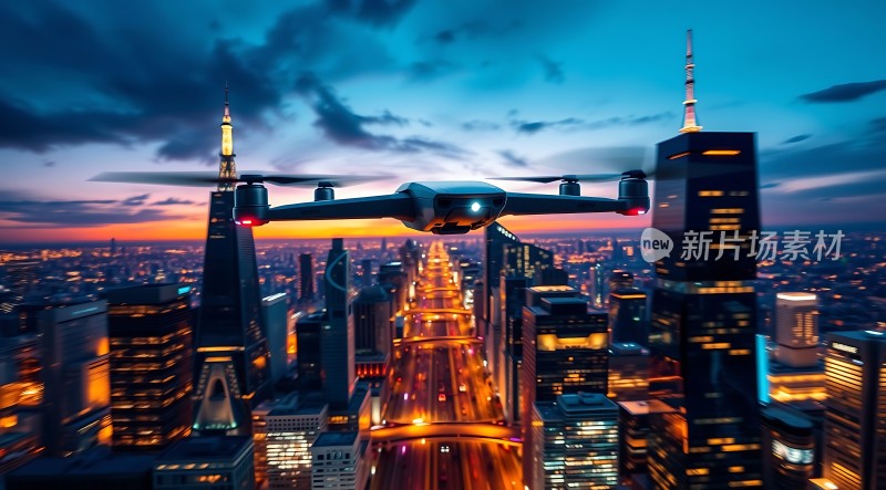 未来之城无人机翱翔夜空