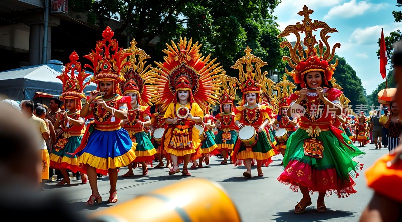 盛装游行色彩斑斓的服饰与华丽头饰