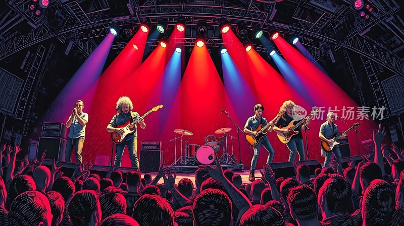 摇滚乐队激情演出舞台灯光璀璨观众热情高涨