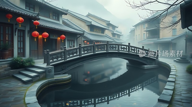 古桥红灯映水乡