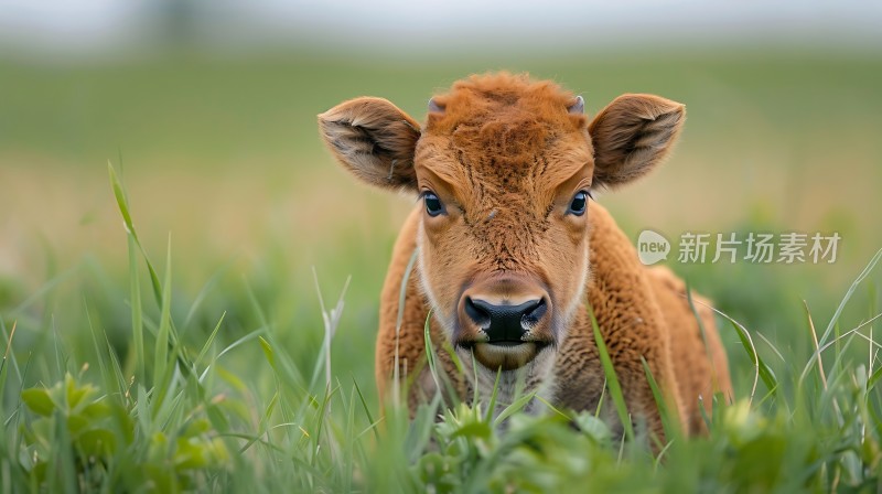 小牛犊在绿草中探出头