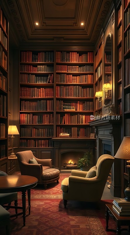 书架环绕的书房壁炉旁的舒适座椅