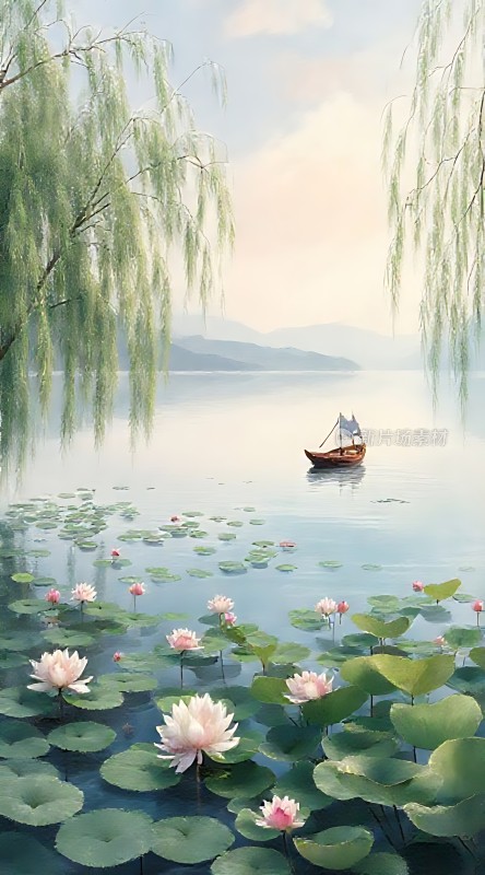 湖畔轻舟映柳影荷花别样香