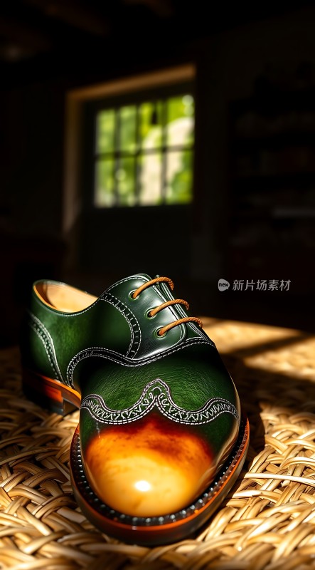 绿色皮鞋映衬阳光下的优雅