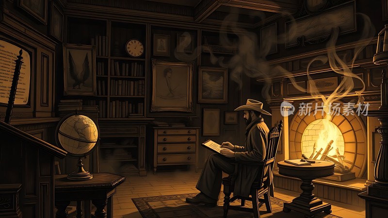 书房里的学者与壁炉