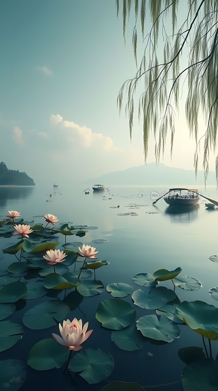 湖畔荷花映日图