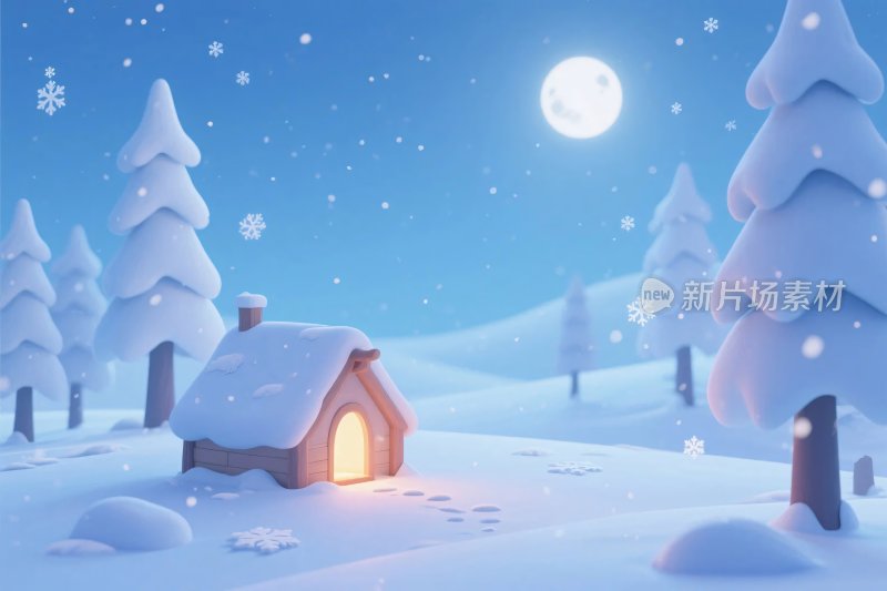 冬日雪景小屋插画