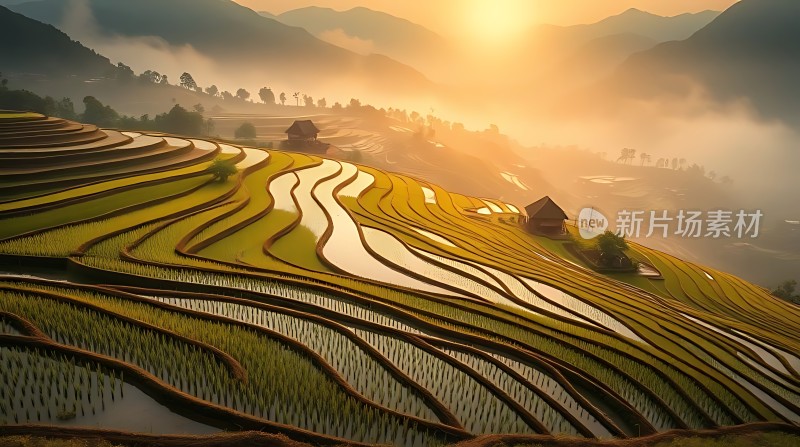 梯田晨曦阳光洒满大地