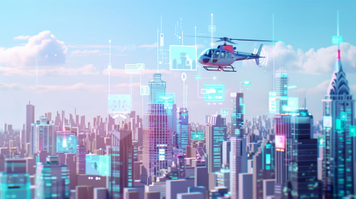 一架直升机飞行在繁华的城市上空