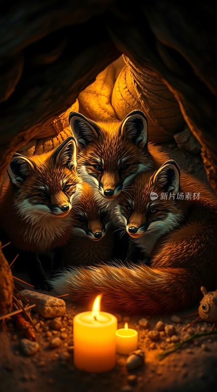 三只狐狸围坐蜡烛旁