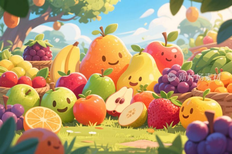 卡通水果群像插画