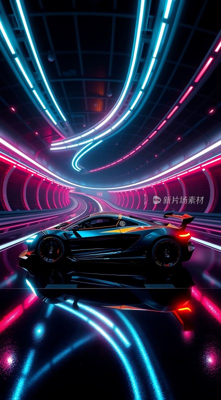 赛博朋克风格赛车在霓虹灯隧道中疾驰