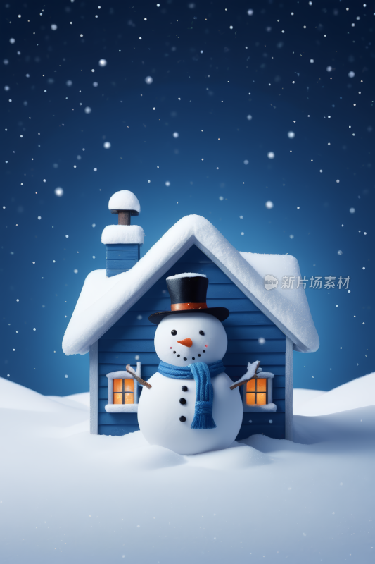 房子前有雪人的雪景高清背景纹理图片