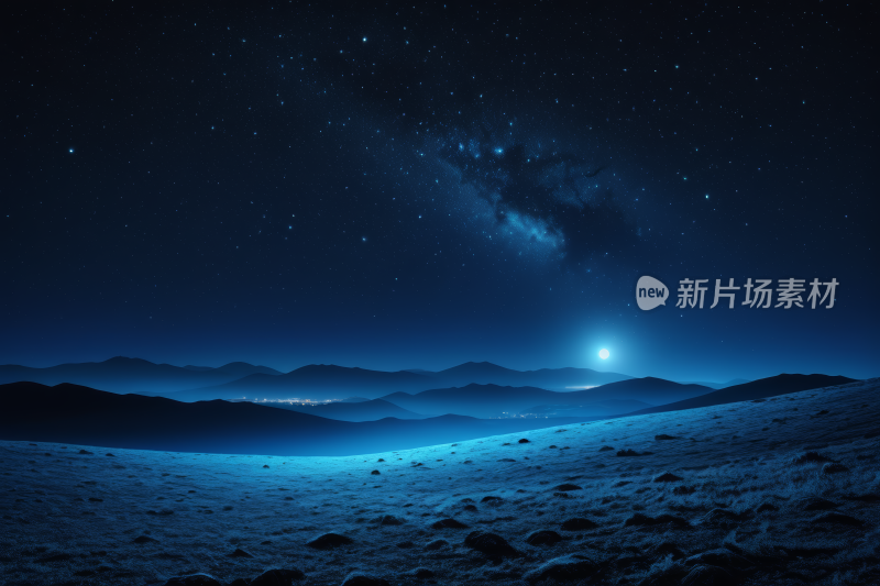 星空夜空有明亮的月亮和遥远山脉背景图片