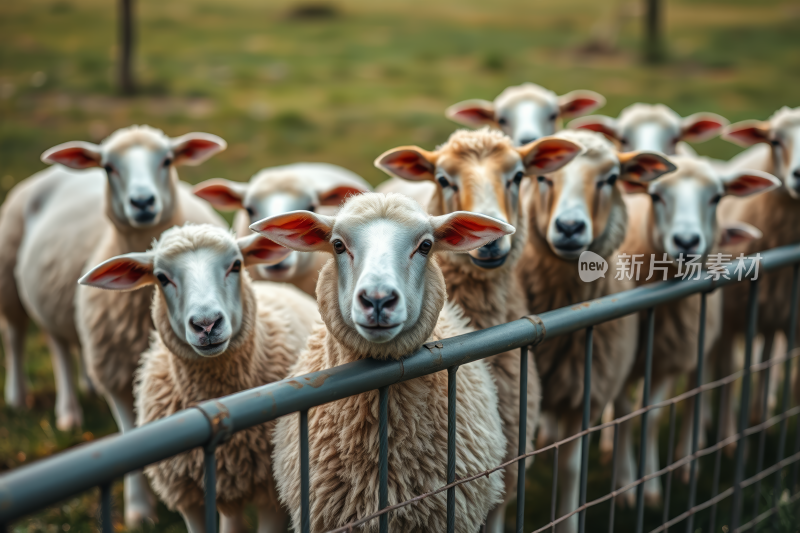 一群羊站在草地上的栅栏后面高清图片