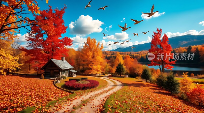 秋日暖阳下的宁静小屋