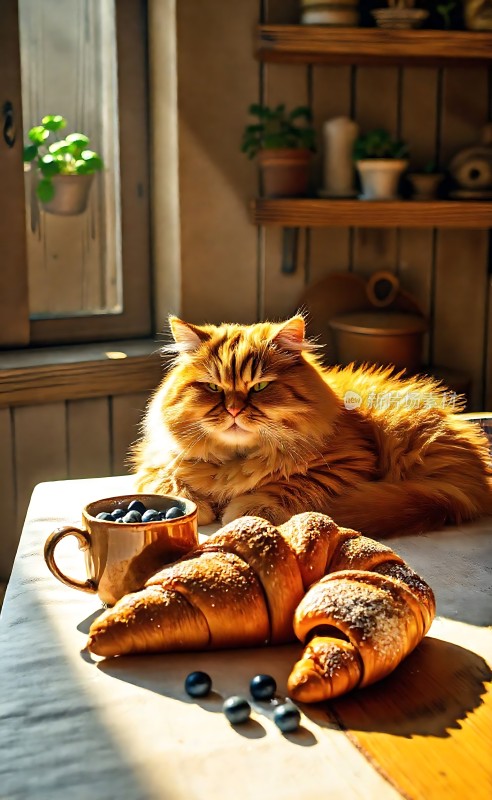 阳光下的橘猫与美味可口的羊角面包和蓝莓