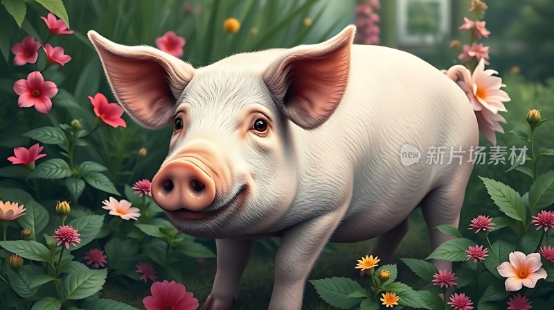 小猪在花丛中嬉戏