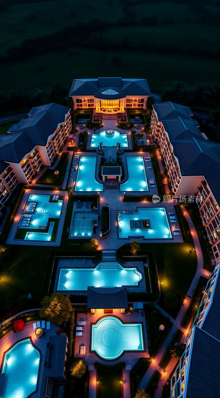 夜晚豪华建筑群泳池灯光璀璨绿树环绕展现高端生活品质