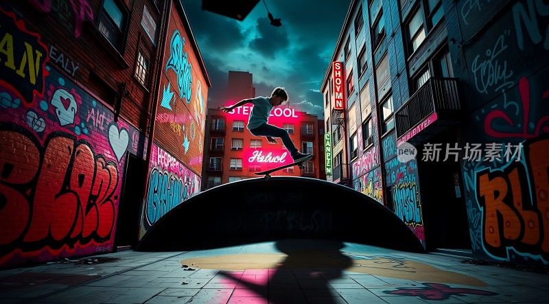 滑板少年飞跃街头涂鸦