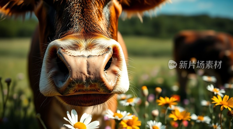 牛鼻近照花丛中探出头来的小牛