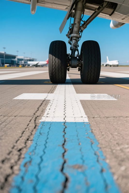 飞机起落架特写于机场跑道