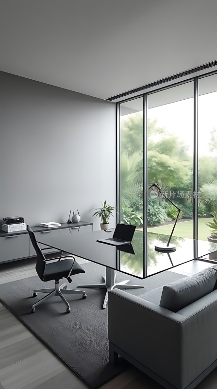 现代简约办公空间大窗景绿意盎然舒适工作环境