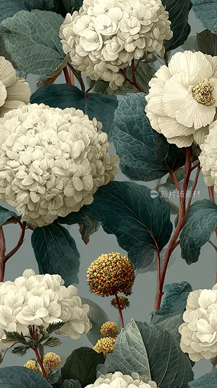 白色绣球花与绿叶插画