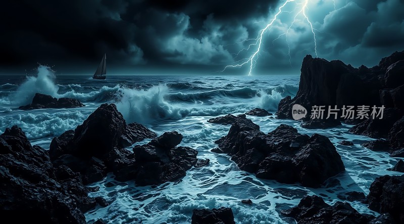 暴风雨中的孤帆与闪电