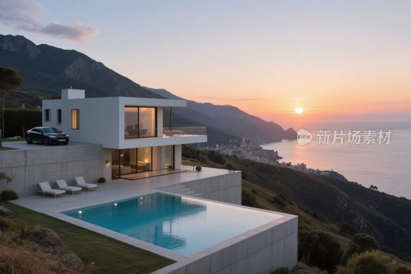 海边现代别墅与泳池日落景观