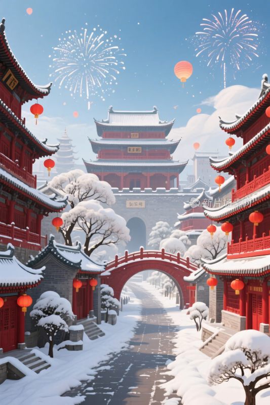 古风雪景古街插画