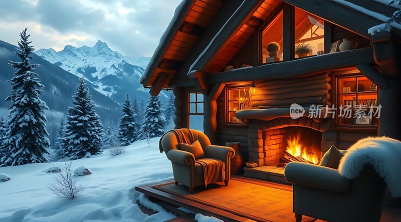 雪夜山间小木屋温馨 fireplace