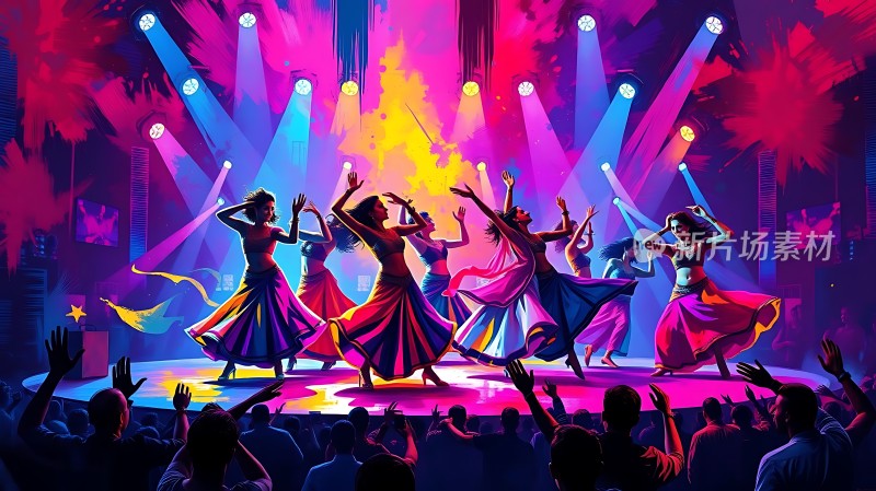 舞台上的彩色灯光与舞者