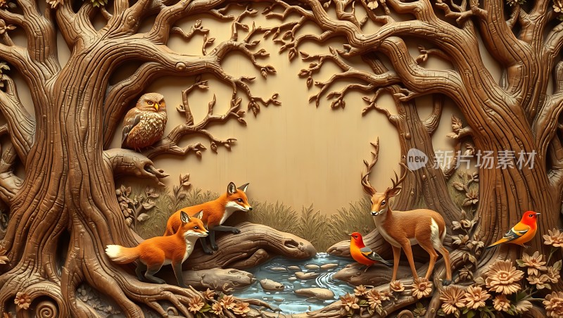 森林秘境狐狸、鹿与鸟儿的和谐世界