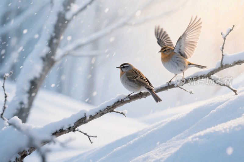 雪地小鸟栖息场景