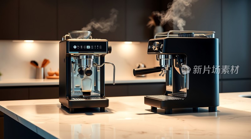 咖啡机展示蒸汽升腾现代厨房场景
